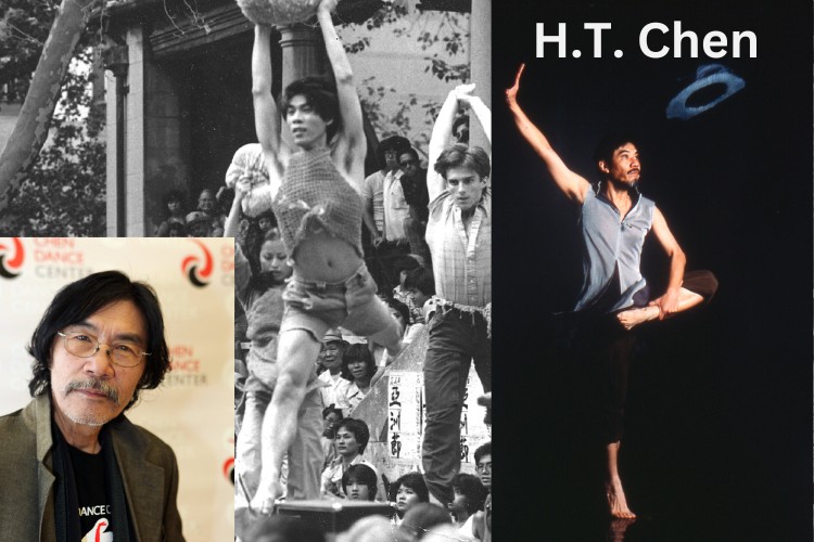 The late HT Chen a head shot of him in glasses and in front of his Chen Dance Center step and repeat sign, the second a pic of him dancing in mid leap when he was young, the third a picture of him as and older man in performance looking intent and poised